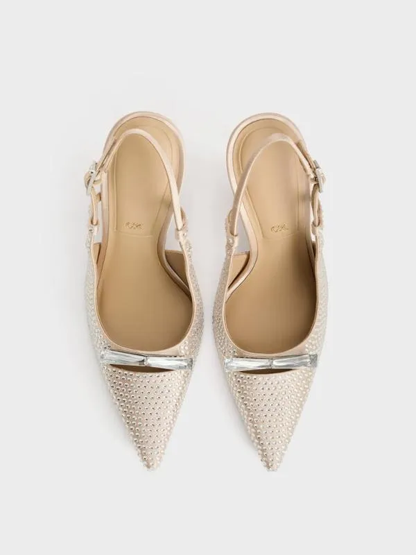 Women Recycled Polyester CrystalEmbellished Bow Slingback Pumps 8211 Sand CHARLES and KEITH Heels