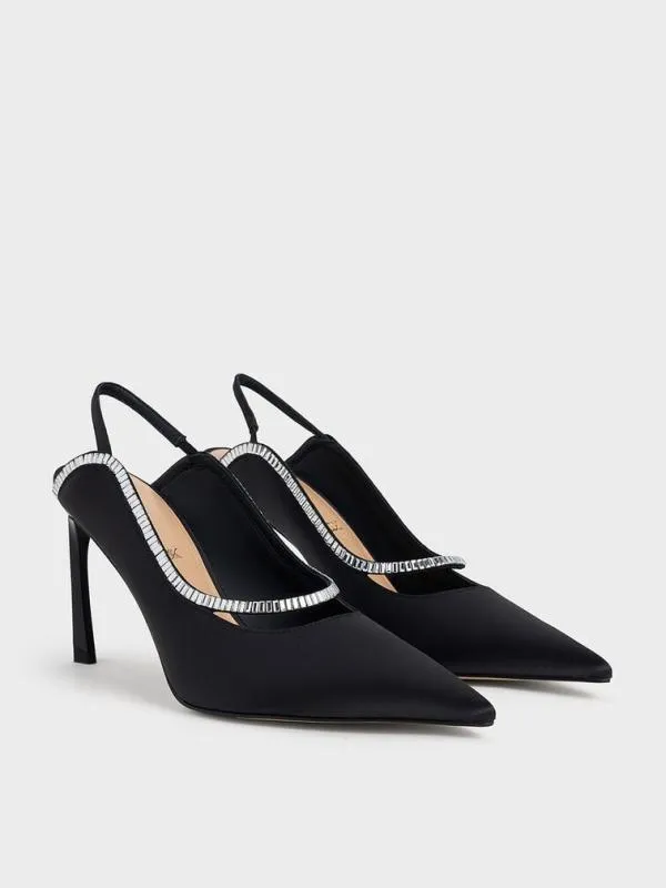 Women Recycled Polyester CrystalEmbellished PointedToe Slingback Pumps 8211 Black Textured CHARLES and KEITH Heels
