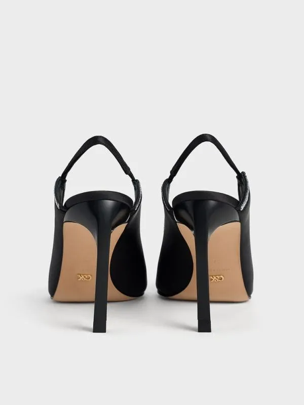 Women Recycled Polyester CrystalEmbellished PointedToe Slingback Pumps 8211 Black Textured CHARLES and KEITH Heels