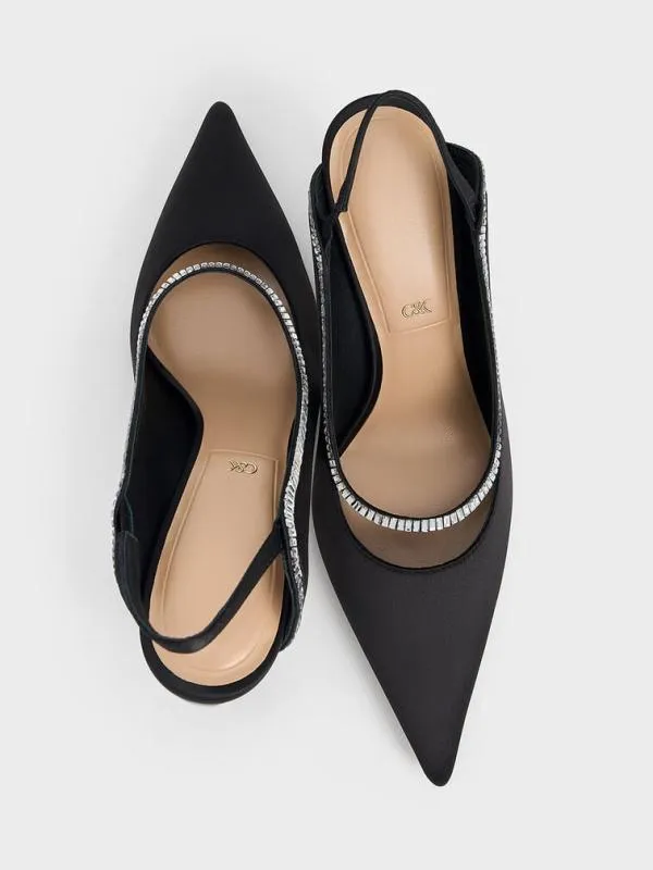 Women Recycled Polyester CrystalEmbellished PointedToe Slingback Pumps 8211 Black Textured CHARLES and KEITH Heels