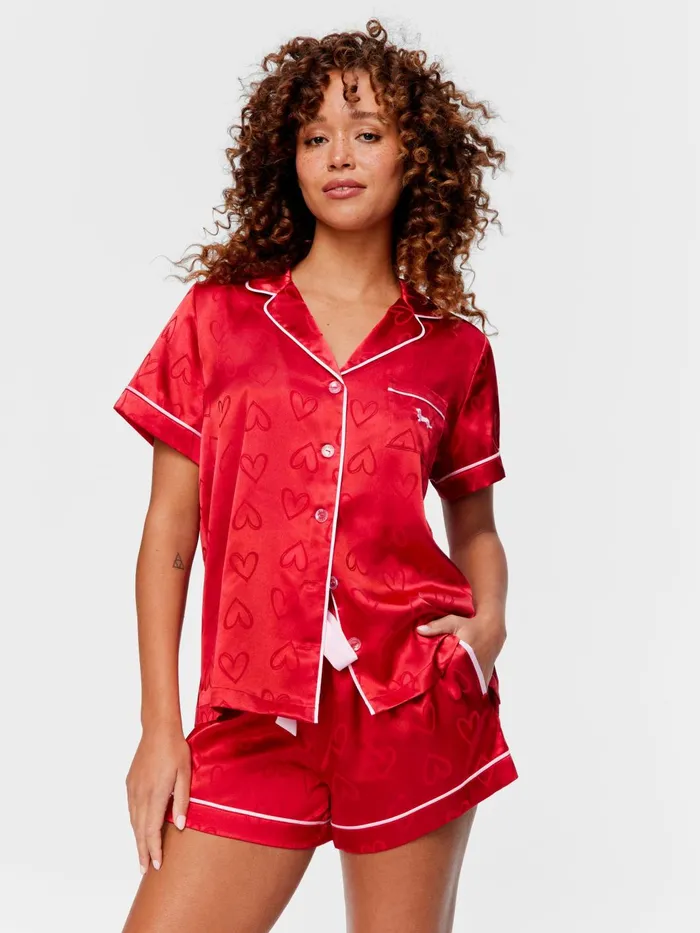 Women Red Hearts Satin Shortie Pj Set Red Peter Alexander Sets and Onesies