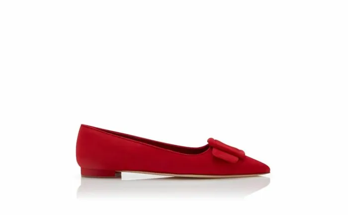 Women Red Suede Buckle Detail Flat Pumps Manolo Blahnik Flats