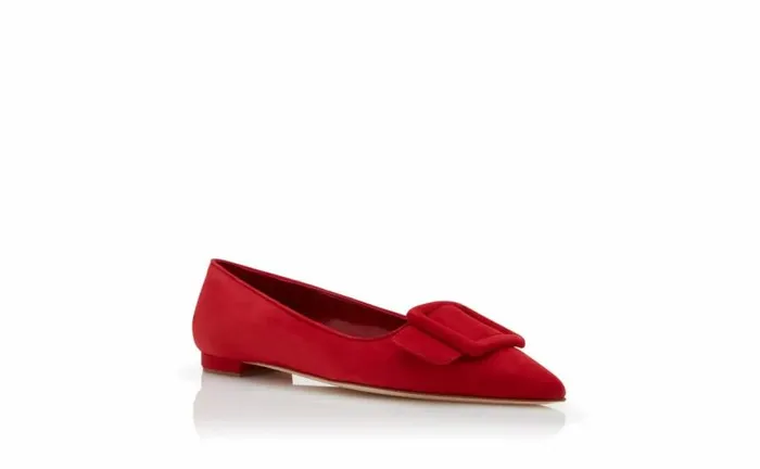 Women Red Suede Buckle Detail Flat Pumps Manolo Blahnik Flats