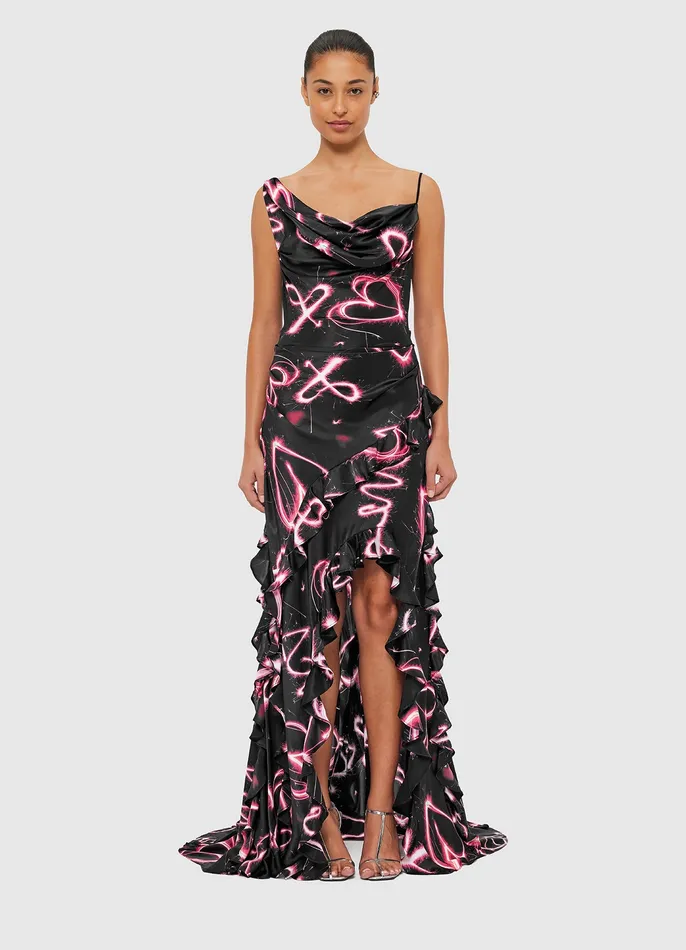 Women Remy Low Back Split Maxi Dress 8211 Neon Heart Print Dresses and Jumpsuits LEO LIN