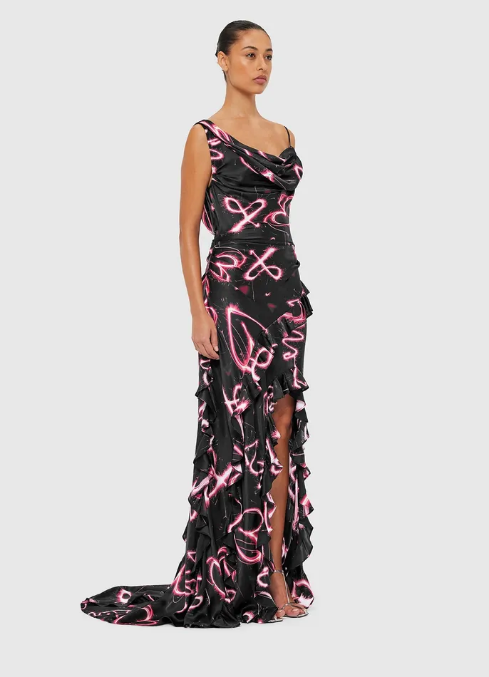 Women Remy Low Back Split Maxi Dress 8211 Neon Heart Print Dresses and Jumpsuits LEO LIN