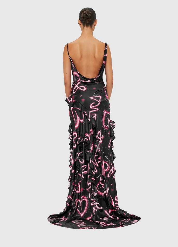 Women Remy Low Back Split Maxi Dress 8211 Neon Heart Print Dresses and Jumpsuits LEO LIN