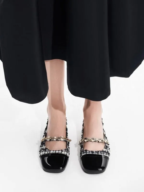 Women Rio Tweed Beaded ChainLink Slingback Flats 8211 Black Textured CHARLES and KEITH Ballet Flats