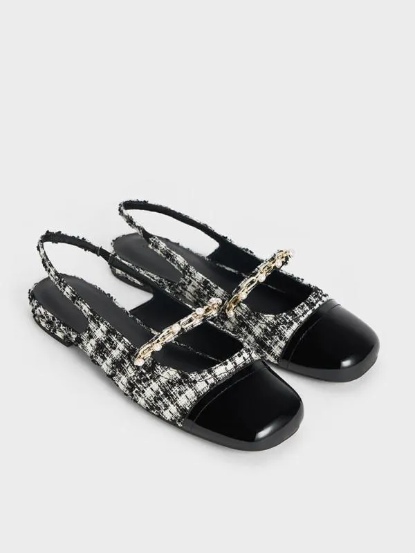 Women Rio Tweed Beaded ChainLink Slingback Flats 8211 Black Textured CHARLES and KEITH Ballet Flats