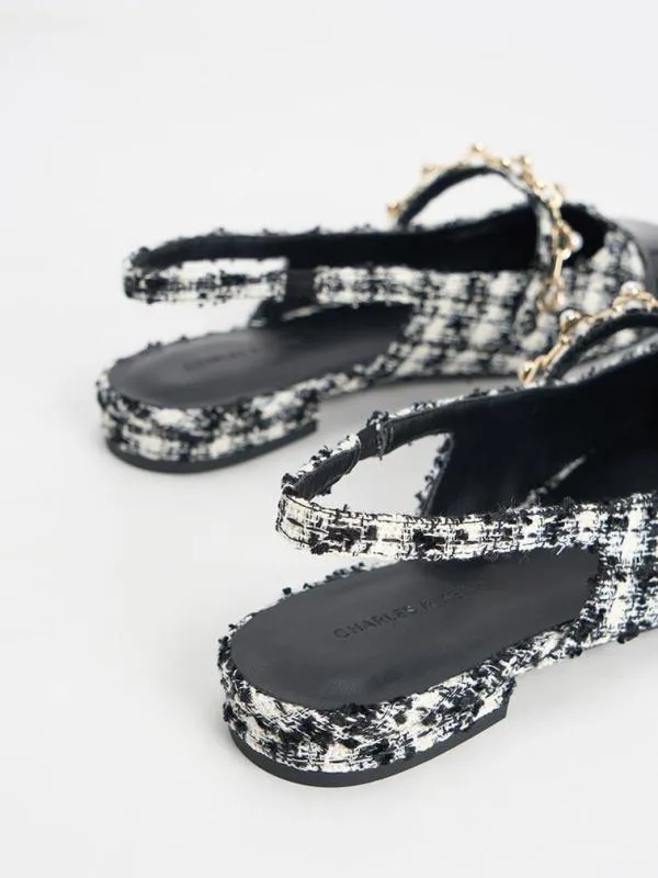 Women Rio Tweed Beaded ChainLink Slingback Flats 8211 Black Textured CHARLES and KEITH Ballet Flats