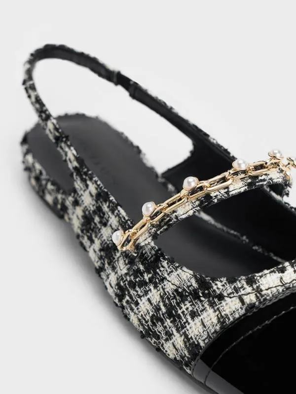 Women Rio Tweed Beaded ChainLink Slingback Flats 8211 Black Textured CHARLES and KEITH Ballet Flats