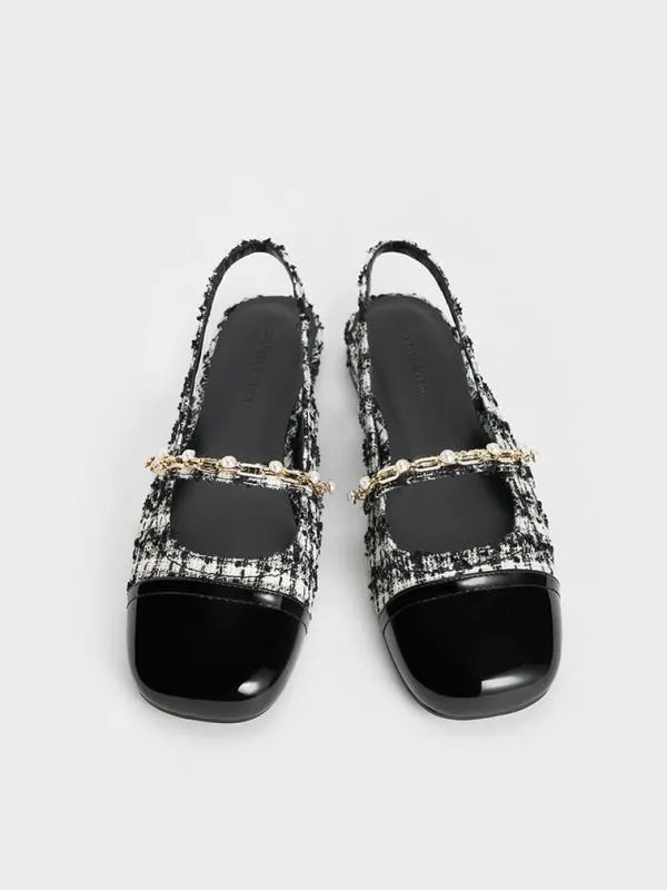 Women Rio Tweed Beaded ChainLink Slingback Flats 8211 Black Textured CHARLES and KEITH Ballet Flats