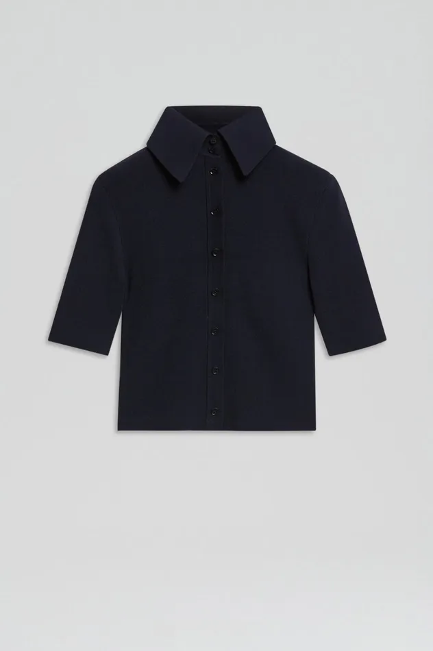 Women Scanlan Theodore CREPE KNIT CROP SHIRT NAVY Tops Women Scanlan Theodore CREPE KNIT CROP SHIRT NAVY Tops