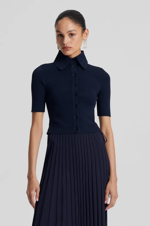 Women Scanlan Theodore CREPE KNIT CROP SHIRT NAVY Tops Women Scanlan Theodore CREPE KNIT CROP SHIRT NAVY Tops
