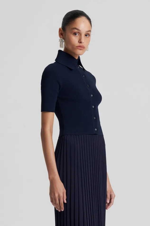 Women Scanlan Theodore CREPE KNIT CROP SHIRT NAVY Tops Women Scanlan Theodore CREPE KNIT CROP SHIRT NAVY Tops