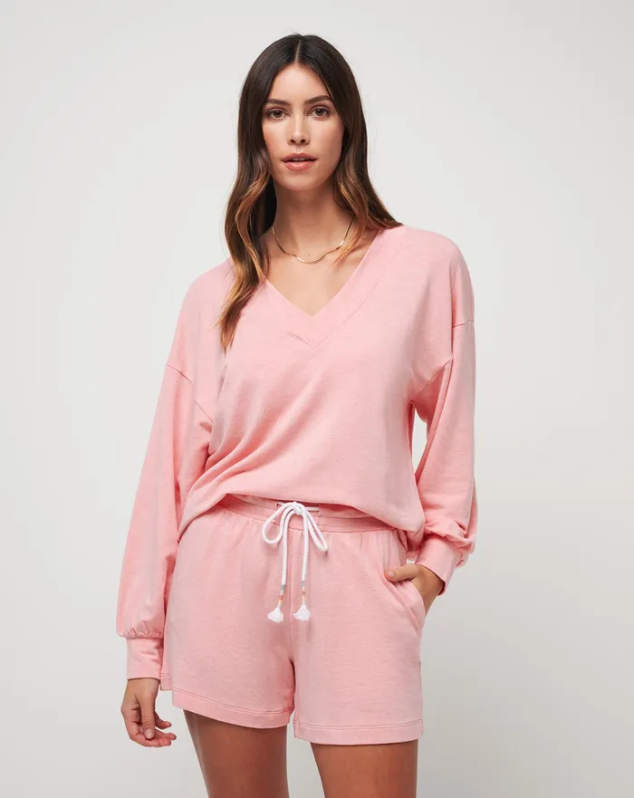 Women Shirts and Tops TravisMathew CLOUD TERRY VNECK TOP Heather Shell Pink