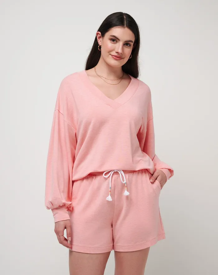 Women Shirts and Tops TravisMathew CLOUD TERRY VNECK TOP Heather Shell Pink