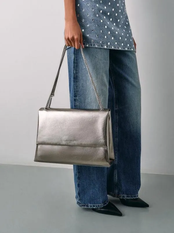 Women Sianna Metallic CrinkleEffect ChainHandle Shoulder Bag 8211 Pewter CHARLES and KEITH Slouchy Bags