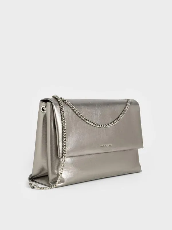 Women Sianna Metallic CrinkleEffect ChainHandle Shoulder Bag 8211 Pewter CHARLES and KEITH Slouchy Bags
