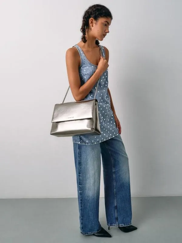 Women Sianna Metallic CrinkleEffect ChainHandle Shoulder Bag 8211 Pewter CHARLES and KEITH Slouchy Bags