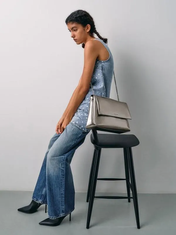 Women Sianna Metallic CrinkleEffect ChainHandle Shoulder Bag 8211 Pewter CHARLES and KEITH Slouchy Bags