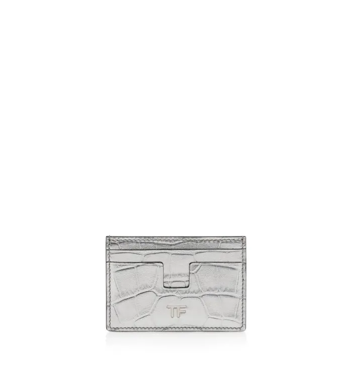 Women Small Leather Goods Tom Ford Metallic Stamped Leather Classic Tf Card Holder Silver