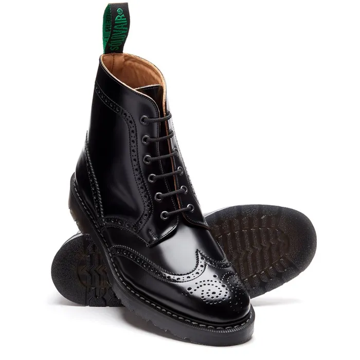Women Solovair Brogue Boots Black HiShine 6 Eye Brogue Boot