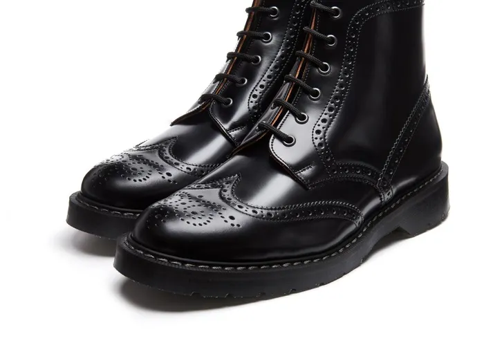 Women Solovair Brogue Boots Black HiShine 6 Eye Brogue Boot