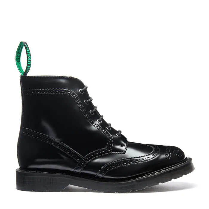 Women Solovair Brogue Boots Black HiShine Vegan 6 Eye Derby Brogue Boot