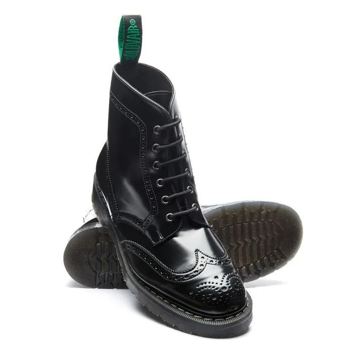 Women Solovair Brogue Boots Black HiShine Vegan 6 Eye Derby Brogue Boot