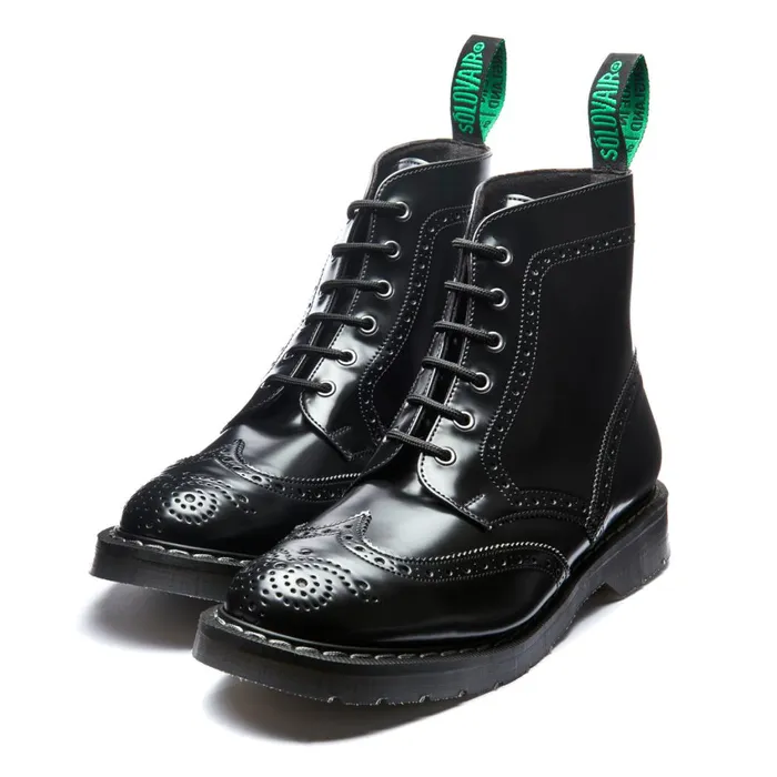 Women Solovair Brogue Boots Black HiShine Vegan 6 Eye Derby Brogue Boot