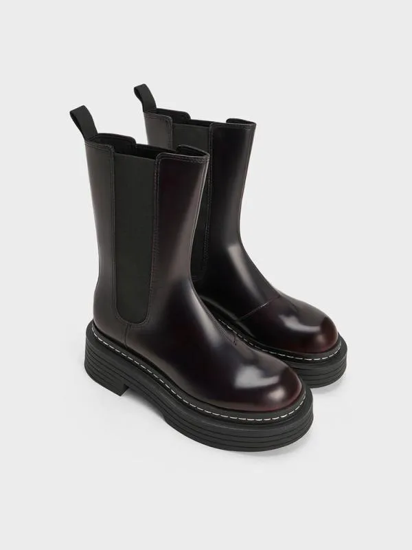 Women StitchTrim Platform MidCalf Chelsea Boots 8211 Burgundy CHARLES and KEITH Boots