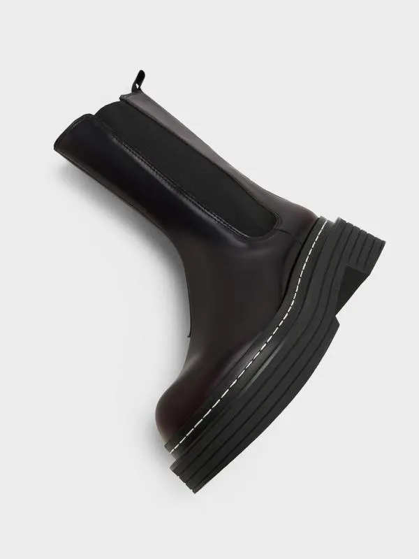 Women StitchTrim Platform MidCalf Chelsea Boots 8211 Burgundy CHARLES and KEITH Boots