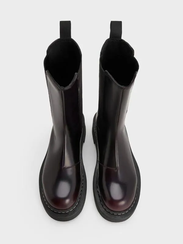 Women StitchTrim Platform MidCalf Chelsea Boots 8211 Burgundy CHARLES and KEITH Boots