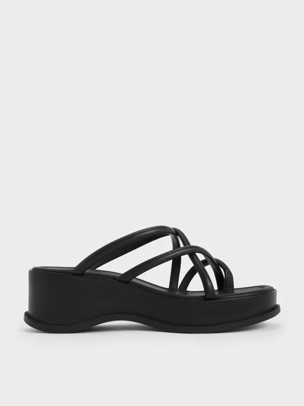 Women Strappy Tubular Wedge Sandals 8211 Black CHARLES and KEITH Sandals