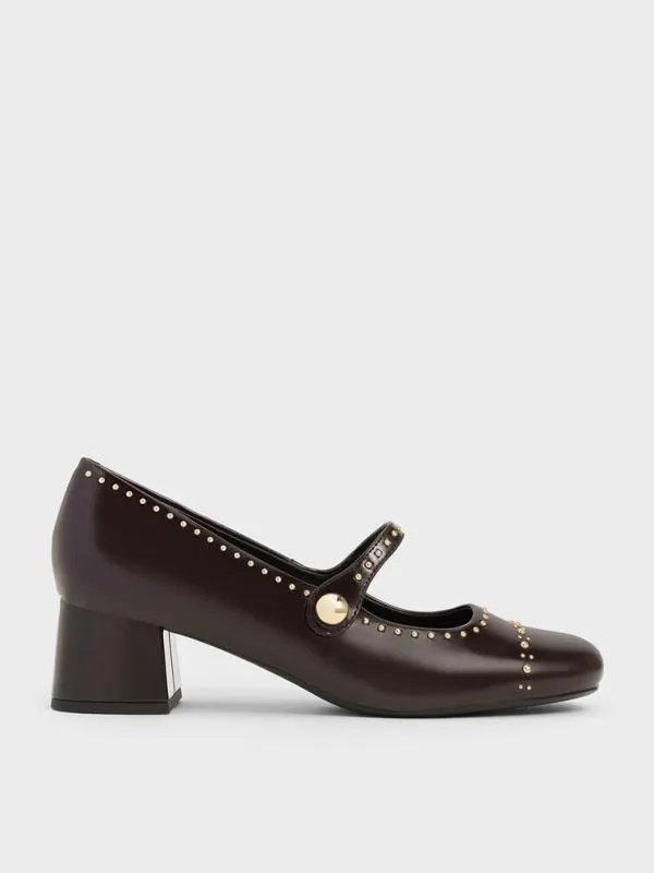 Women Studded Mary Jane Pumps 8211 Dark Brown CHARLES and KEITH Heels