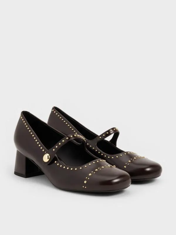 Women Studded Mary Jane Pumps 8211 Dark Brown CHARLES and KEITH Heels