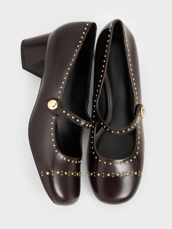 Women Studded Mary Jane Pumps 8211 Dark Brown CHARLES and KEITH Heels