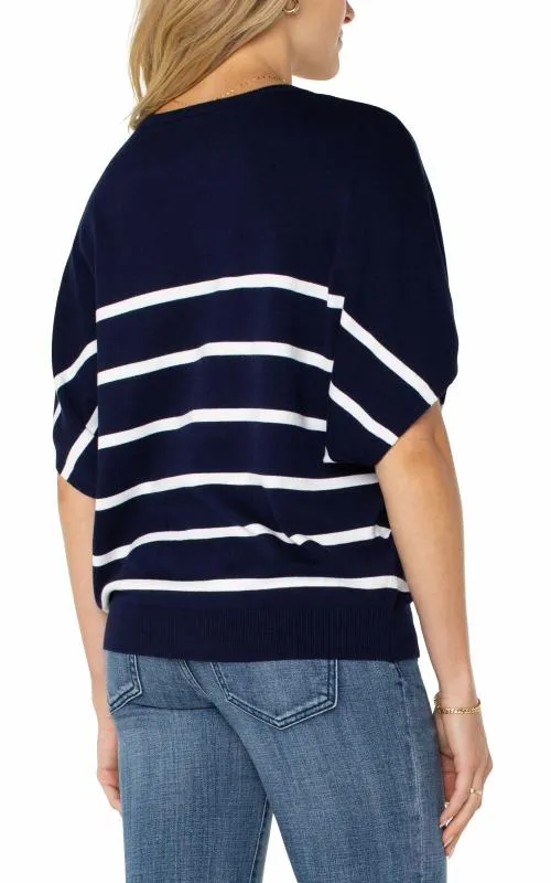 Women Sweaters Liverpool Los Angeles Short Sleeve Dolman Vneck Sweater Navy White Stripe
