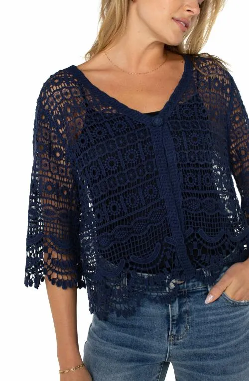 Women Sweaters Liverpool Los Angeles Short Sleeve Lace Bolero Navy