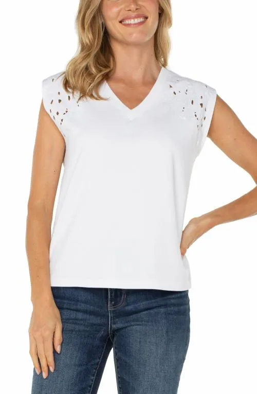 Women Tees Liverpool Los Angeles Cap Sleeve Vneck Top With Embroidery White