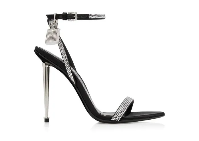 Women The Padlock Tom Ford Crystal Embellished Satin Padlock Pointy Naked Sandal Black Crystal