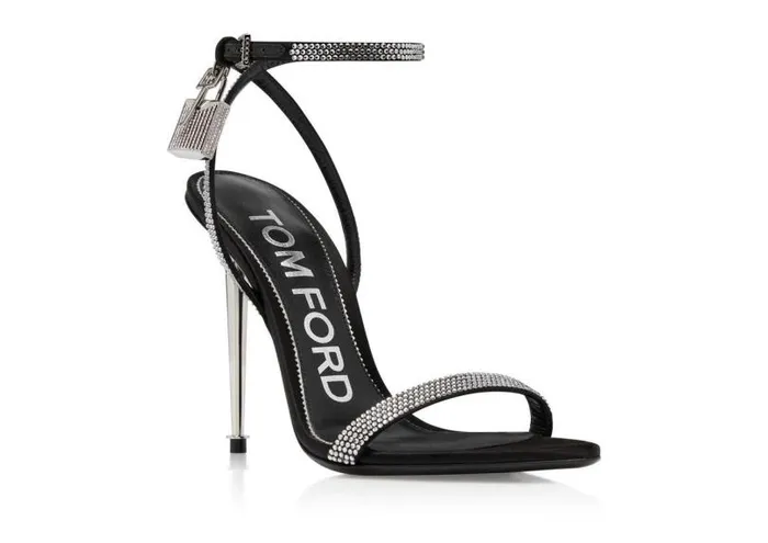 Women The Padlock Tom Ford Crystal Embellished Satin Padlock Pointy Naked Sandal Black Crystal