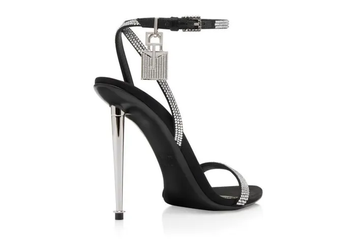 Women The Padlock Tom Ford Crystal Embellished Satin Padlock Pointy Naked Sandal Black Crystal