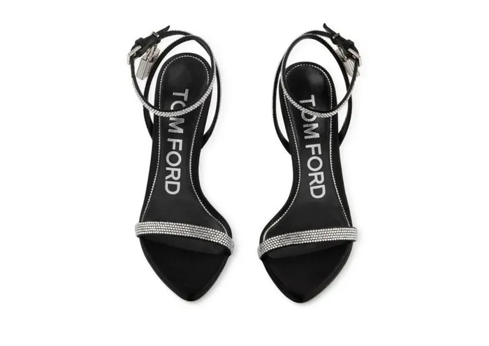 Women The Padlock Tom Ford Crystal Embellished Satin Padlock Pointy Naked Sandal Black Crystal