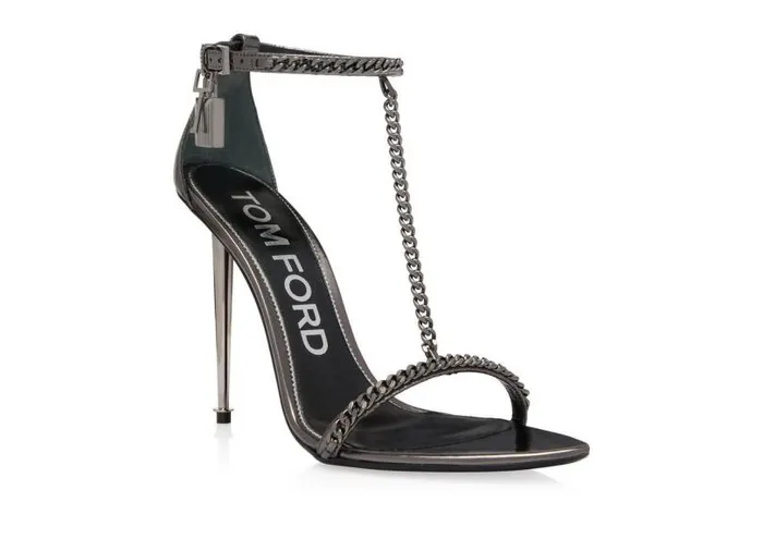 Women The Padlock Tom Ford Mirror Leather Padlock Chain Pointy Naked Sandal Gunmetal Women The Padlock Tom Ford Mirror Leather Padlock Chain Pointy Naked Sandal Gunmetal