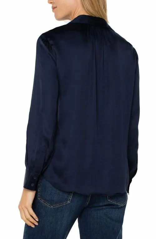Women Tops Liverpool Los Angeles Long Sleeve Collared Button Front Woven Blouse Dark Navy