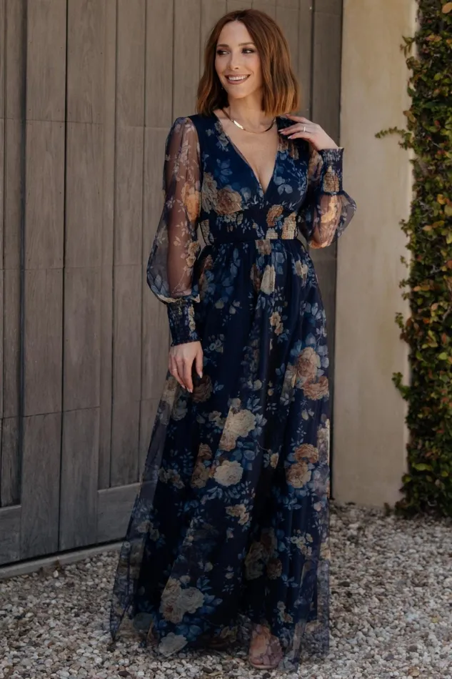 Women Tulle Styles Baltic Born Layla Tulle Maxi Dress Blue Golden Floral