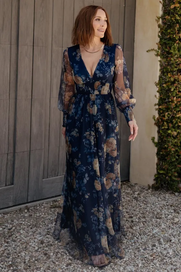 Women Tulle Styles Baltic Born Layla Tulle Maxi Dress Blue Golden Floral