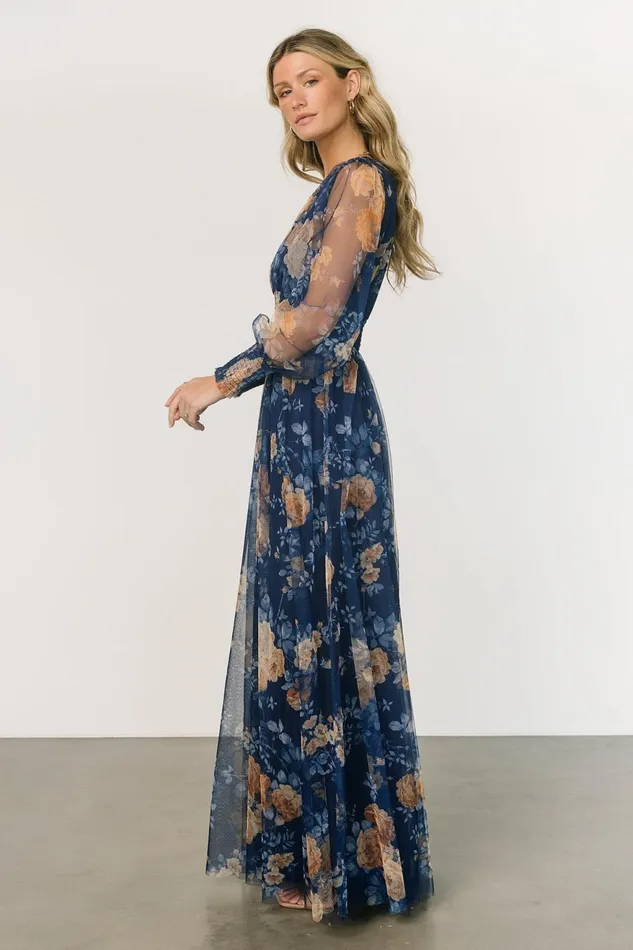 Women Tulle Styles Baltic Born Layla Tulle Maxi Dress Blue Golden Floral