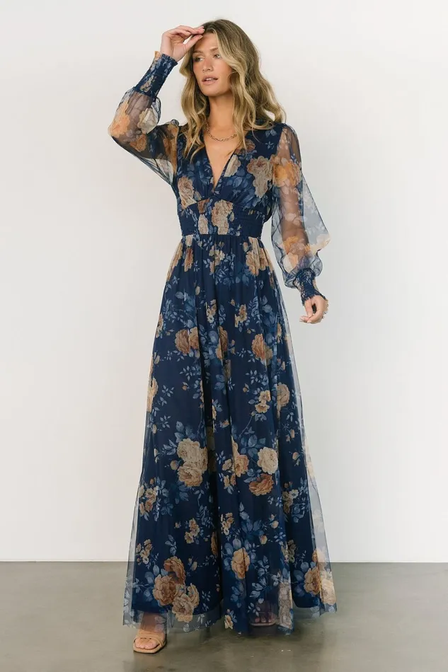 Women Tulle Styles Baltic Born Layla Tulle Maxi Dress Blue Golden Floral